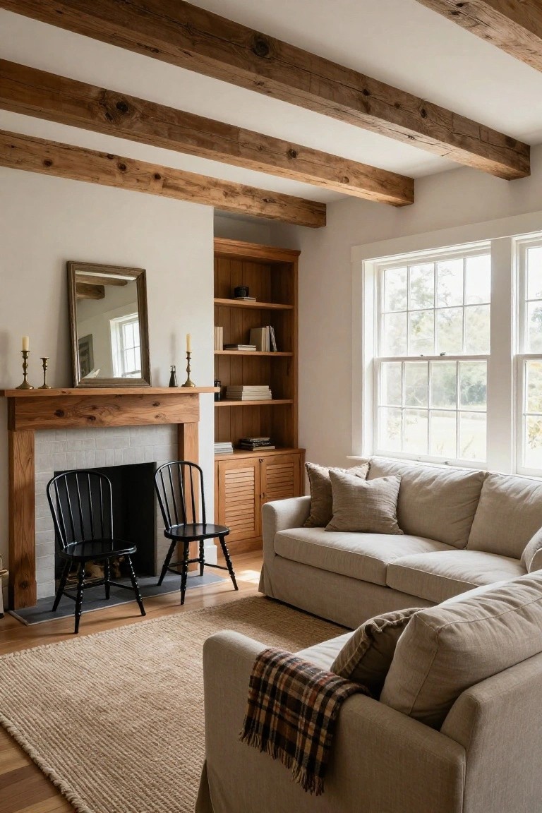 A cozy living room with dark exposed wooden beams on a white ceiling, wooden fireplace mantel, two black ladder-back chairs, beige sectional sofa with pillows and throw, built-in bookshelves, and large windows.