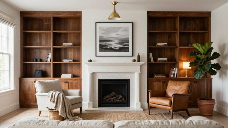 Living room with tall wooden bookshelves flanking a fireplace on a tiled hearth, beige linen sofa, tan leather armchair, seagrass rug, and large abstract photo on the wall.