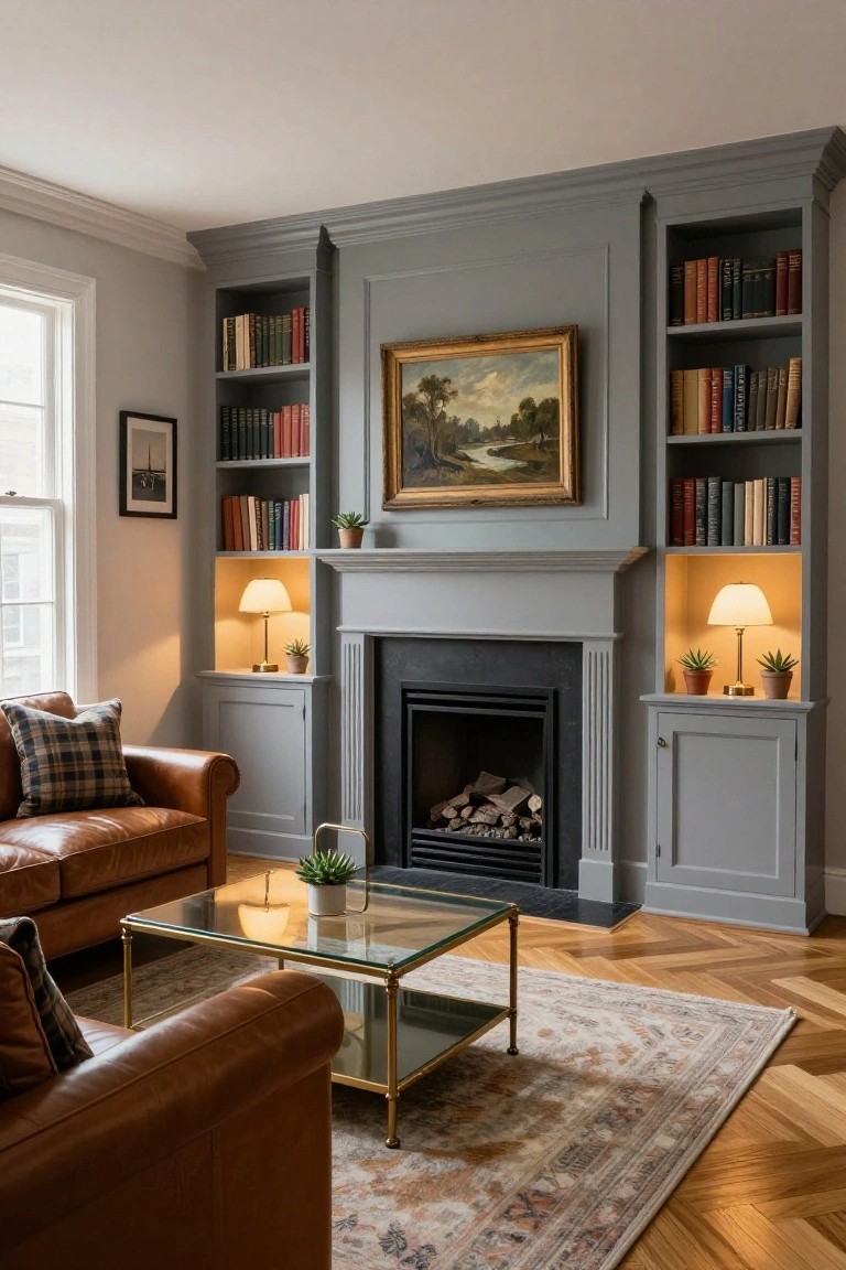 A living room with symmetrical gray built-in bookshelves and cabinets flanking a black fireplace, gold-framed landscape painting above the mantel, brown leather sofa, glass coffee table on parquet wood floors, and a patterned rug.