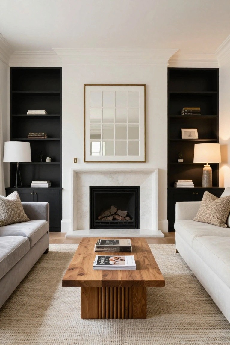 A living room with symmetrical black built-in bookshelves and cabinets flanking a white marble fireplace, facing light gray sofas around a wooden coffee table on a beige rug, large gold-framed mirror above the mantel, and table lamps on the shelves.