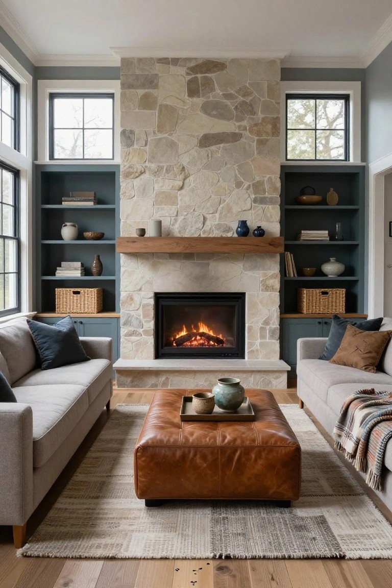 Living room with central stone fireplace flanked by teal built-in shelving and cabinets, neutral gray sofas, brown leather ottoman, woven rug, and wood floors.