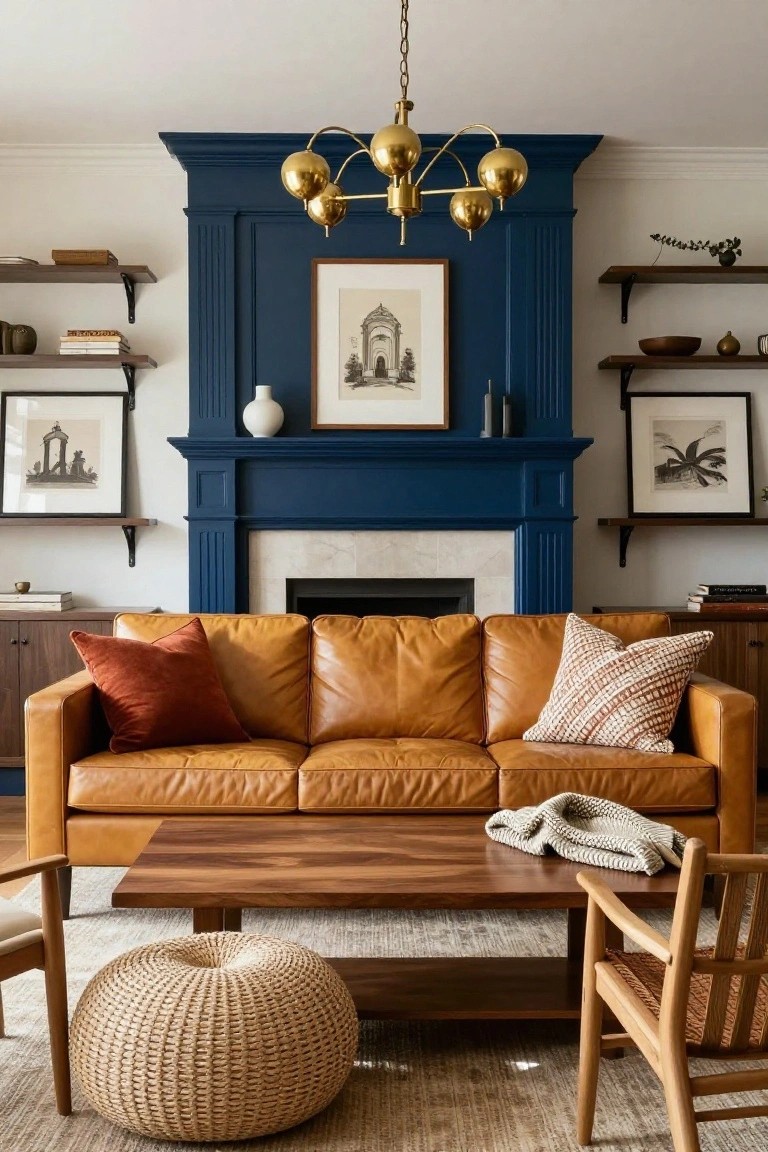Living room with navy blue painted fireplace surround and trim, gold five-light chandelier above, tan leather three-seat sofa with pillows, wooden coffee table, woven pouf, chairs, shelves with art and pottery, and neutral rug.
