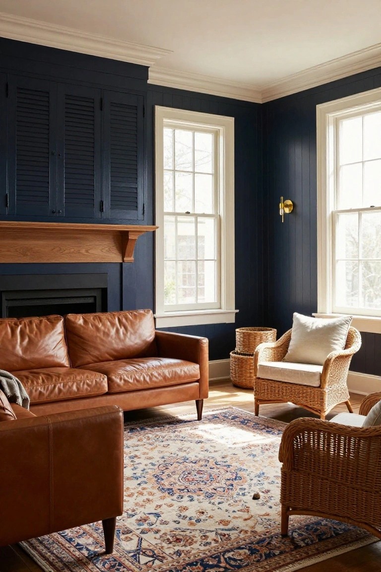 Living room featuring dark navy shiplap walls, wooden fireplace mantel over black firebox, brown leather sofa, two wicker chairs with white cushions, woven baskets, and Persian-style rug on wood floors.