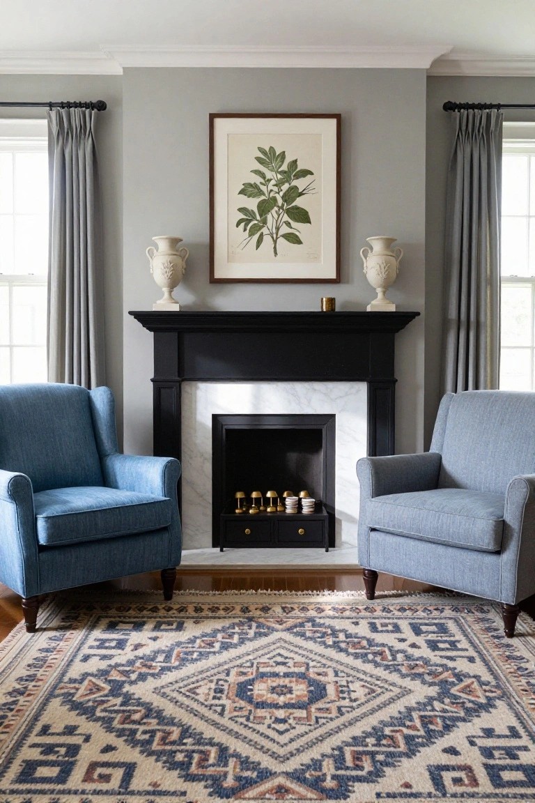 Living room interior with light gray walls, black wood mantel over white marble fireplace surround, two blue upholstered wingback armchairs flanking the fireplace, gray drapes on windows, white urns, botanical print artwork, and a patterned area rug on wood floors.