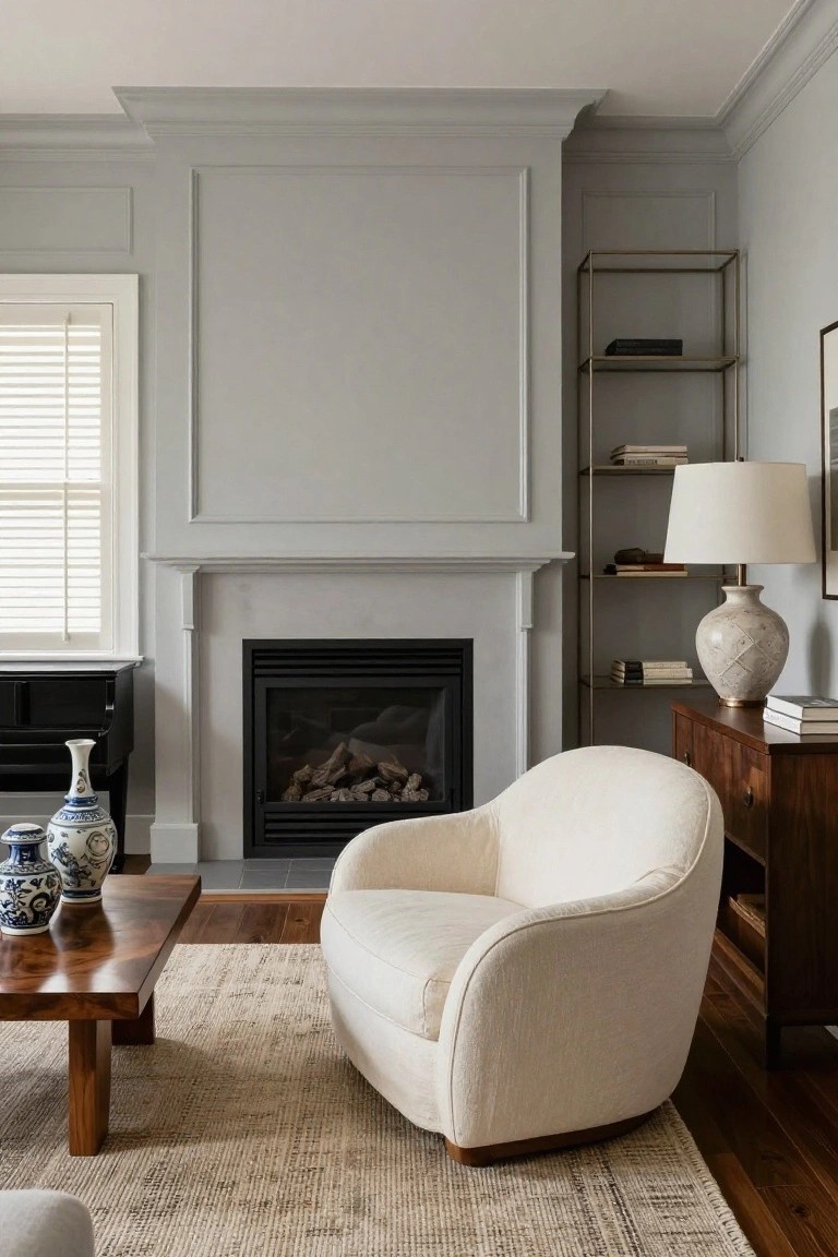 Light gray paneled living room with black fireplace, curved white cream fabric swivel armchair, wood coffee table with blue and white vases, black piano, wooden sideboard with lamp and books, beige rug on wood floors.