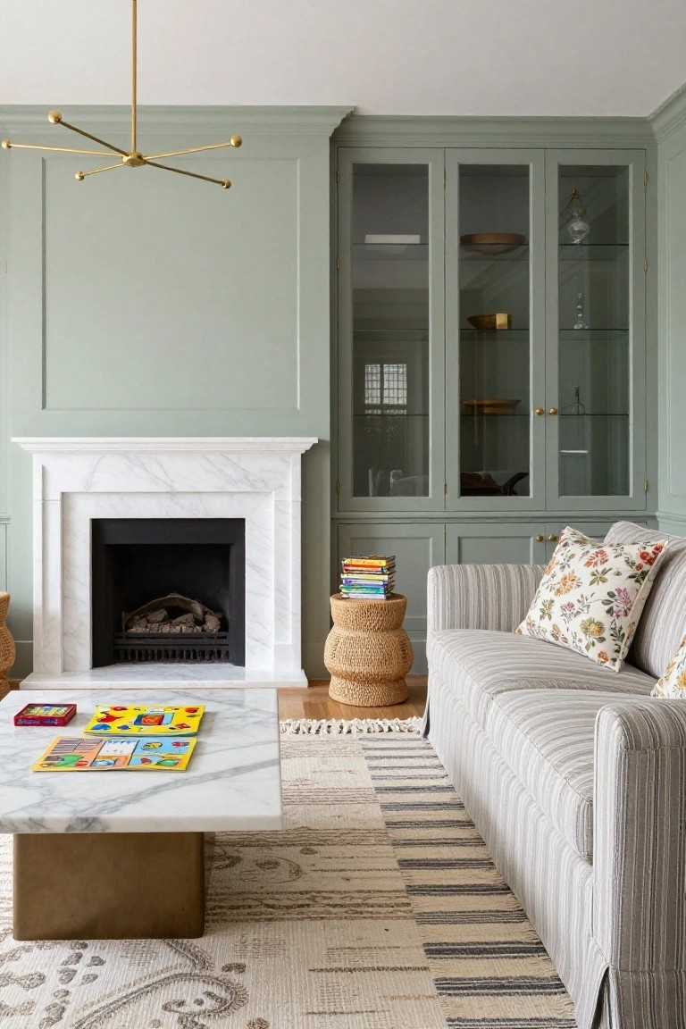 Living room with white marble fireplace flanked by sage green glass-door cabinets, linen striped sofa with floral pillows, brass coffee table on marble base, rattan stools, and woven rug.