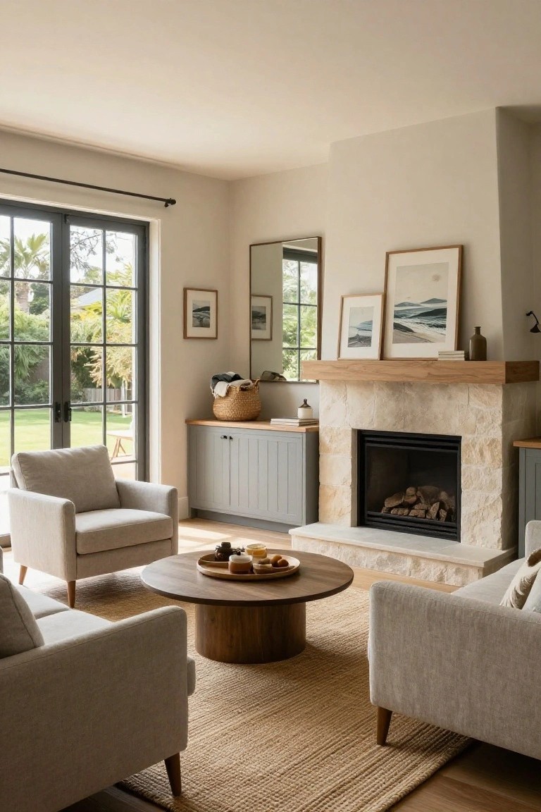 Living room with a light stone fireplace flanked by blue-gray shaker-style cabinets under an oak mantel, cream upholstered chairs and sofa arranged around a round wooden coffee table on a seagrass rug, large black-framed windows and doors opening to a garden view.