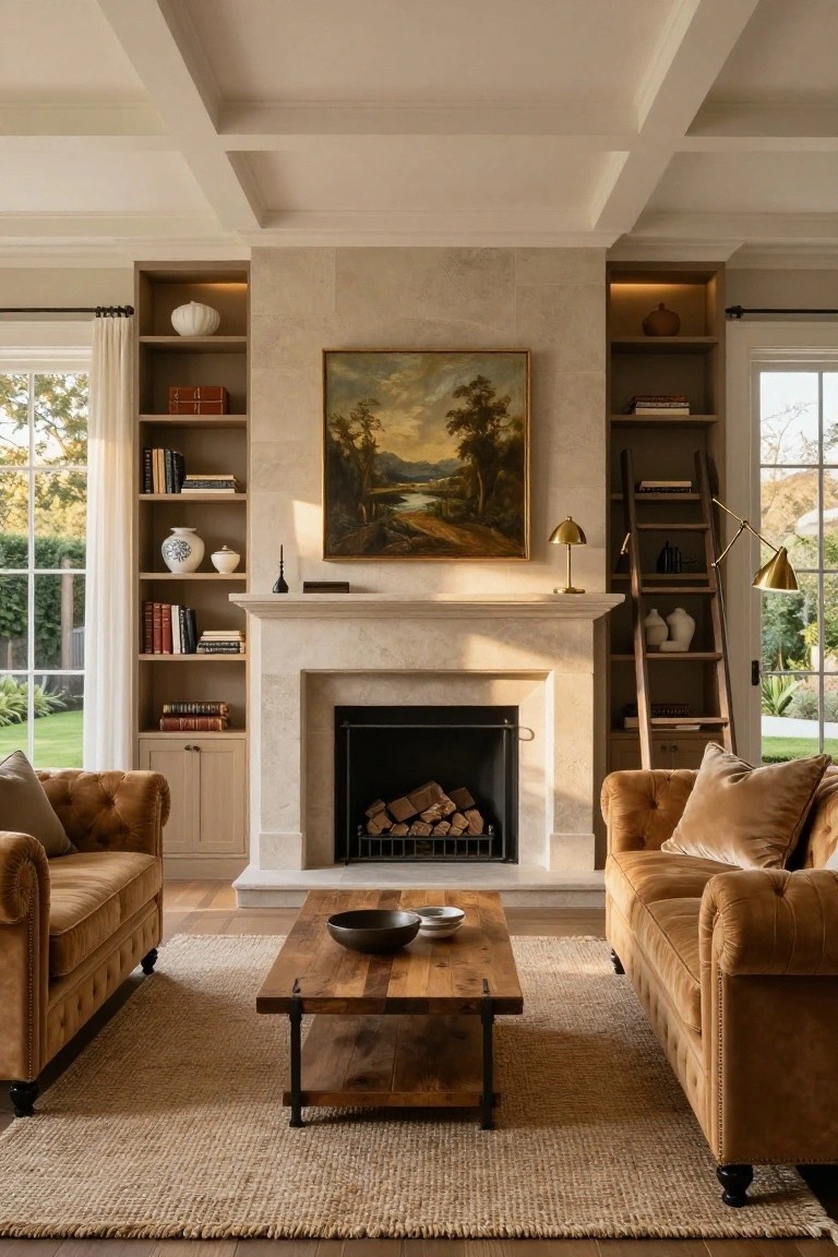 A living room with two tufted tan velvet sofas facing a stone fireplace flanked by wooden built-in bookshelves, a rustic wooden coffee table on a jute rug, and large windows overlooking a green yard.