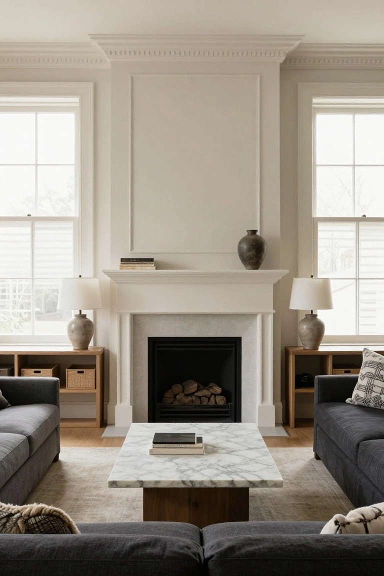 Living room with white paneled walls, crown molding, central white marble fireplace mantel topped with books and a dark vase, matching credenzas with lamps and baskets flanking it, two dark gray sofas facing each other across a white marble coffee table on a light rug, large windows on both sides.
