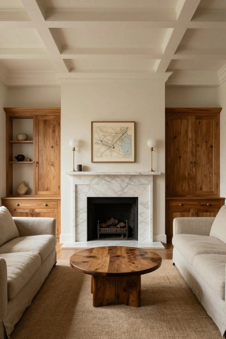 A symmetrical living room with tall wooden cabinets flanking a marble fireplace, beige linen sofas facing each other, a round wooden coffee table, and a beige seagrass rug on light wood floors under a white coffered ceiling.