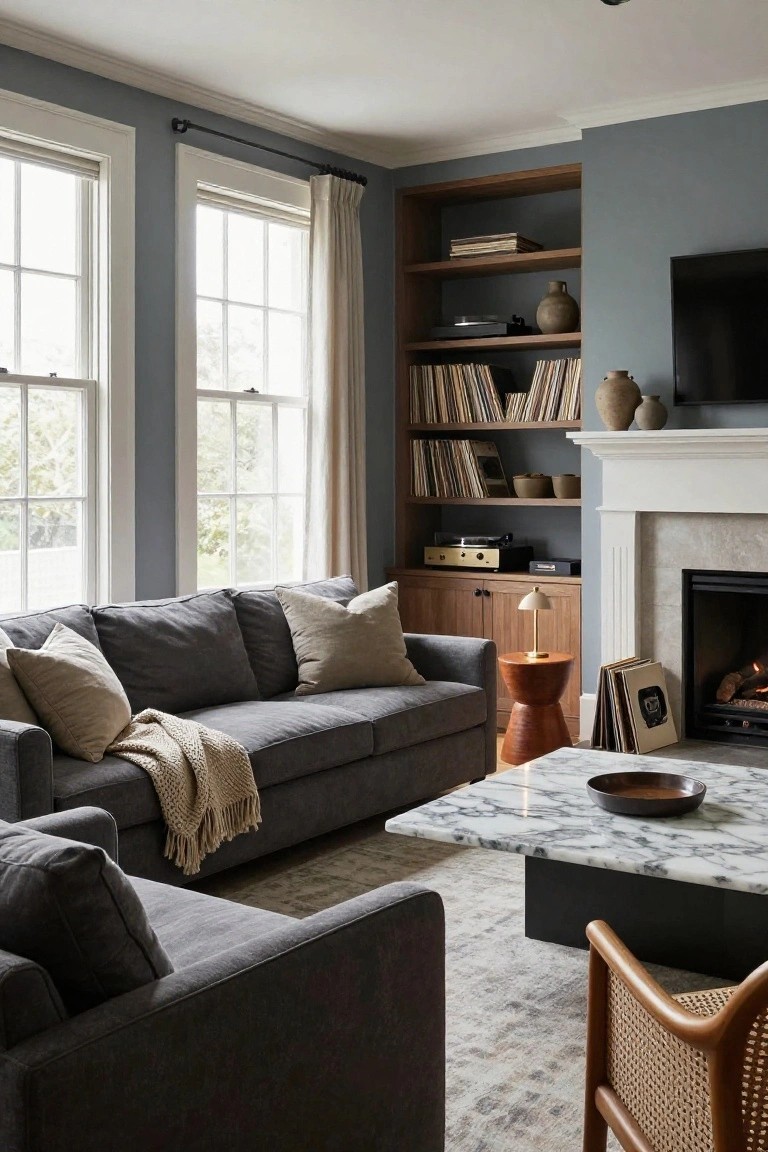 Living room with blue-gray walls and white trim, built-in wooden shelving stocked with books, vinyl records, turntable, ceramics, and cabinets beside a fireplace mantel and mounted TV, gray linen sofas with pillows and throw, marble coffee table with bowl, wood stool, rattan chair, and patterned rug.