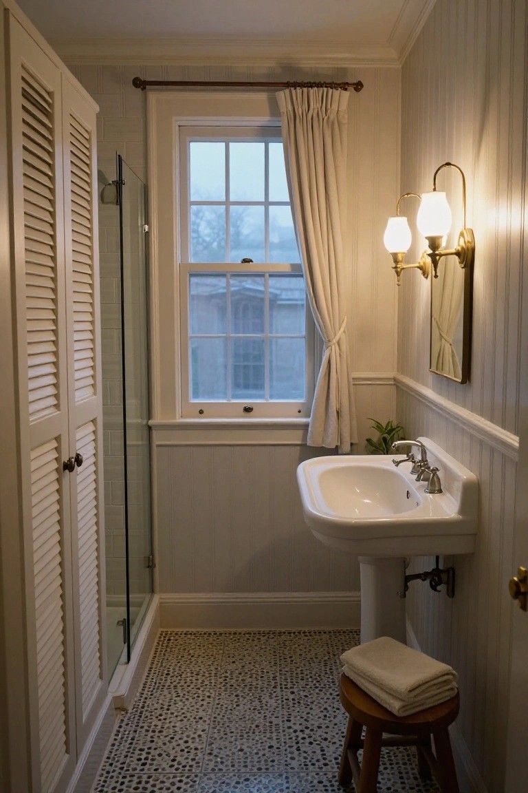 Small narrow bathroom with white louvered cabinet doors, glass shower enclosure, white pedestal sink on beadboard-paneled walls, double window with beige curtains, wall sconces, potted plant, folded towels on wooden stool, and black-and-white pebble tile floor.
