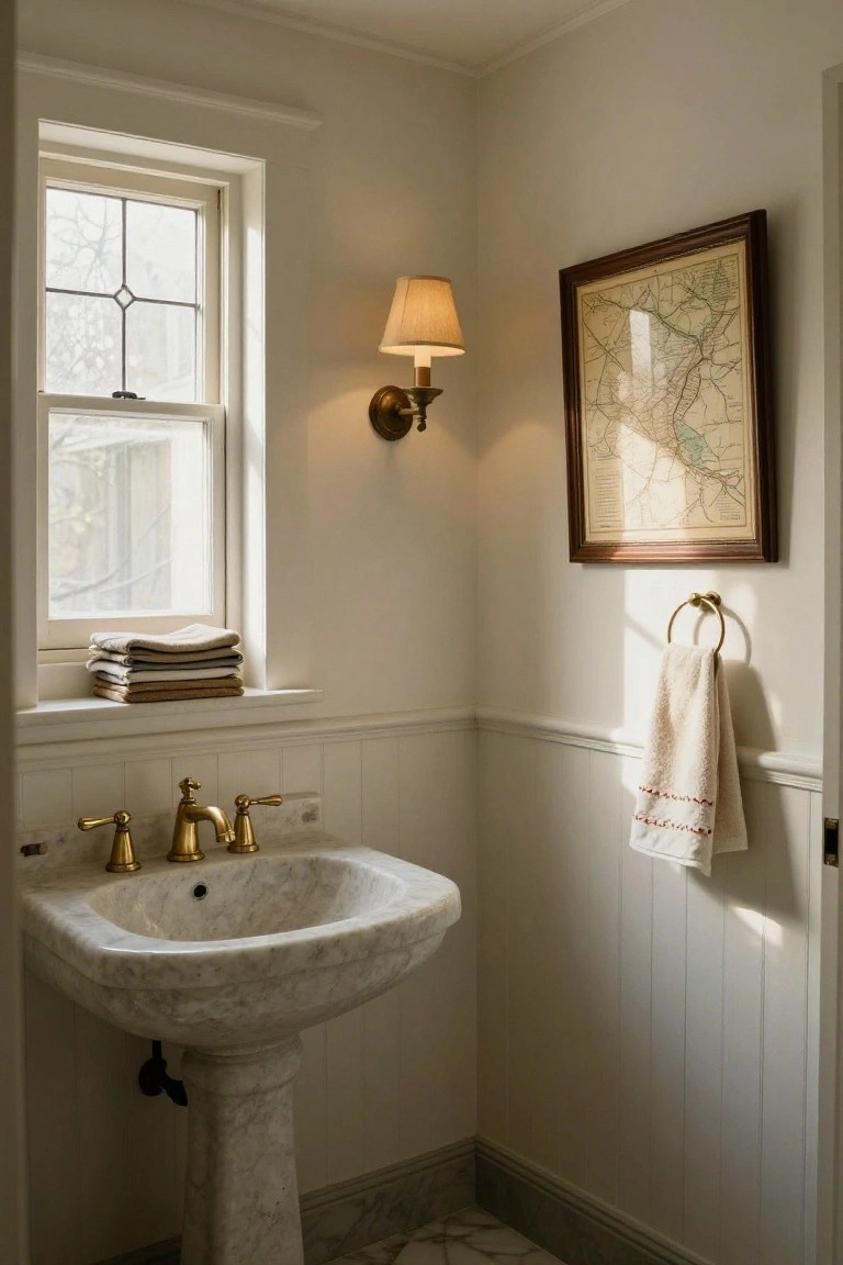 A corner of a small bathroom featuring white beadboard wainscoting, a white marble pedestal sink with three brass faucets, a window sill holding stacked beige towels, a brass towel ring with a hanging towel, a vintage map in a wood frame on the wall, and a wall-mounted fabric sconce.