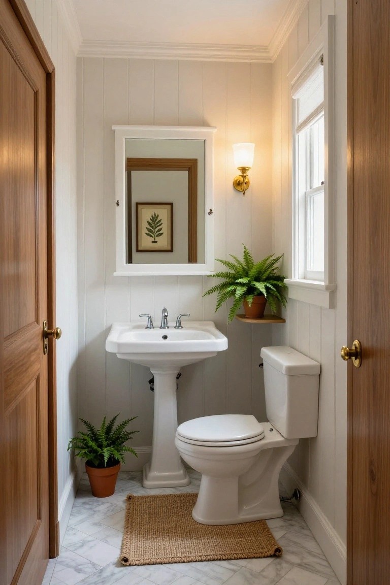 Small indoor bathroom featuring white beadboard walls, pedestal sink with chrome faucet, white toilet, mirror medicine cabinet above sink, ferns in orange pots on floor and floating shelf, seagrass rug on white marble tile floor, wood doors, and window with shade.