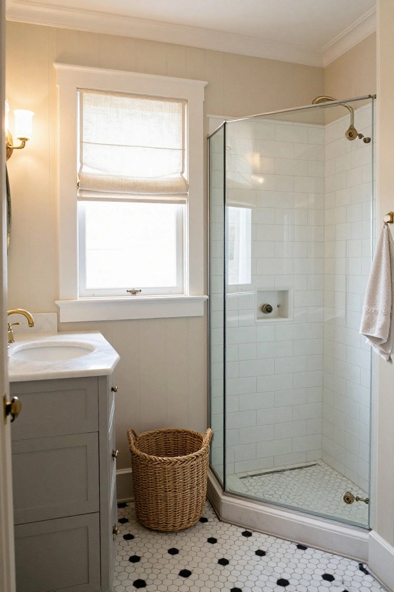 A small bathroom with light beige beadboard walls, a corner glass shower with white subway tiles and gold showerhead, a white oval sink on a gray vanity with gold faucet, a linen roman shade on the window, a hanging towel, a woven basket, and black-and-white hexagonal floor tiles.