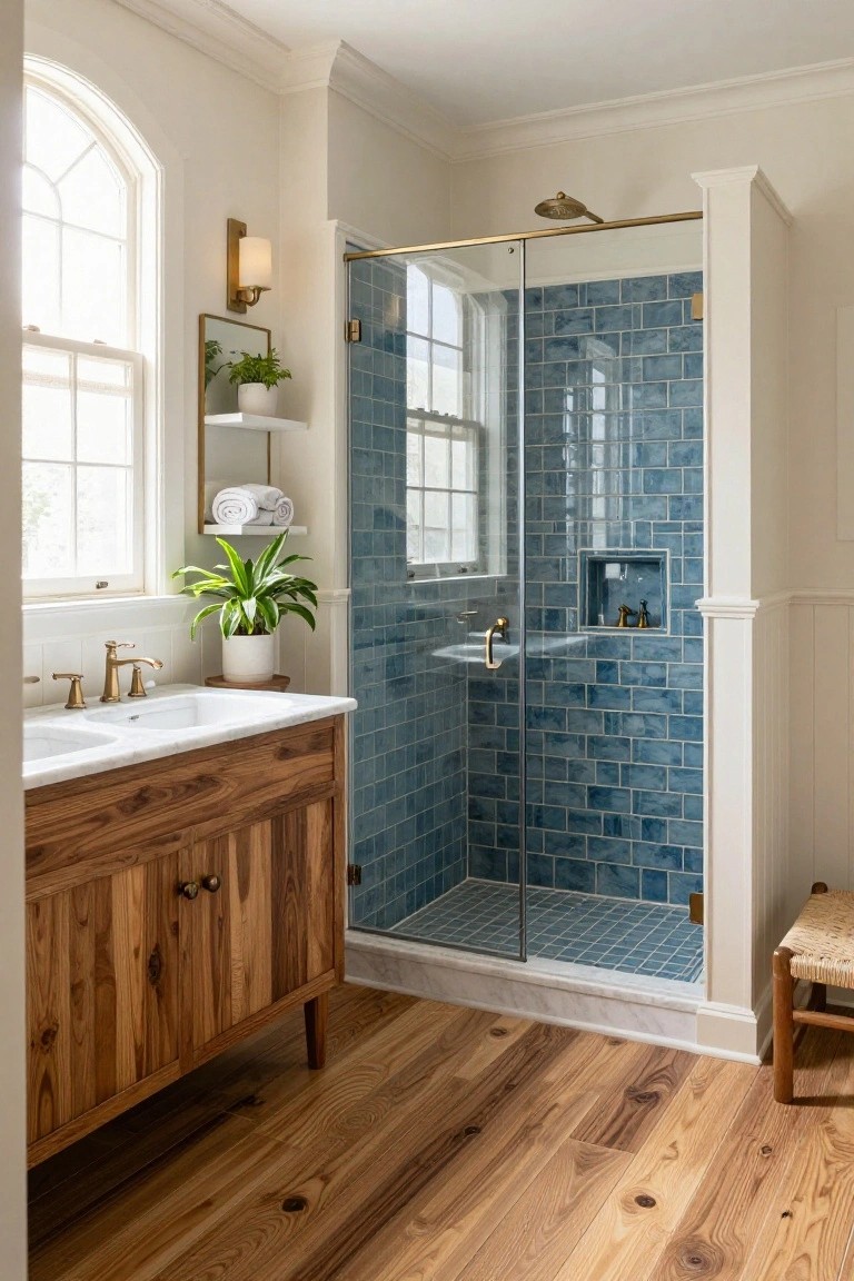 Bright bathroom interior with arched window, glass shower enclosure lined in blue subway tiles, double wooden vanity with marble sinks and brass faucets, potted plants on shelves, white walls, and light wood plank flooring.