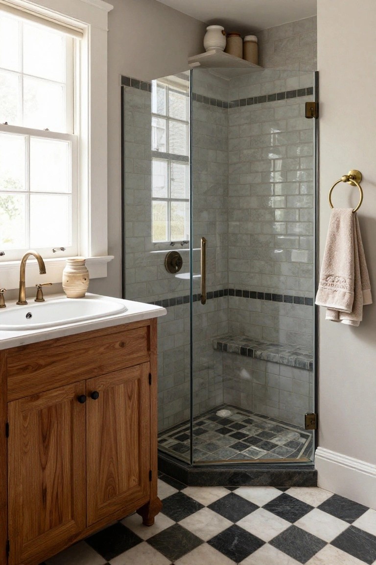 Modern bathroom with wood vanity, marble sink, and glass shower.