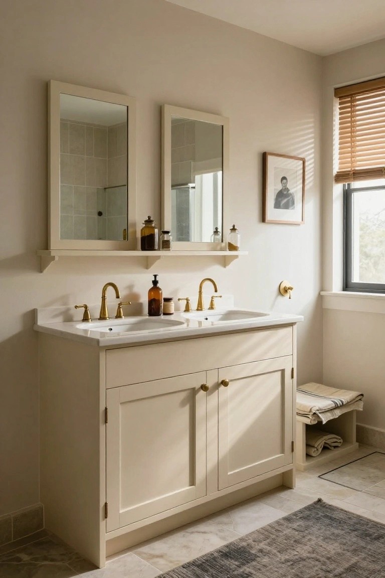 Cream double vanity with brass faucets and pulls under two mirrors, gold-accented shelves with glass jars, and a small towel bench nearby in a light-colored bathroom.
