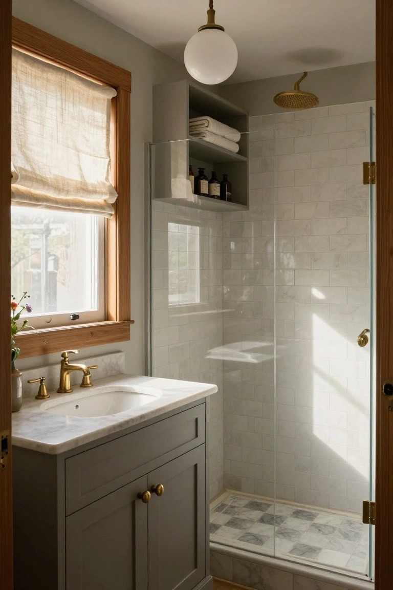 A small bathroom interior with a glass shower enclosure lined in white subway tile walls and gray marble checkered floor, a marble sink on gray wood cabinet with brass faucet, wood-framed window with beige linen shade, open shelves holding towels and bottles, and brass rain shower head.