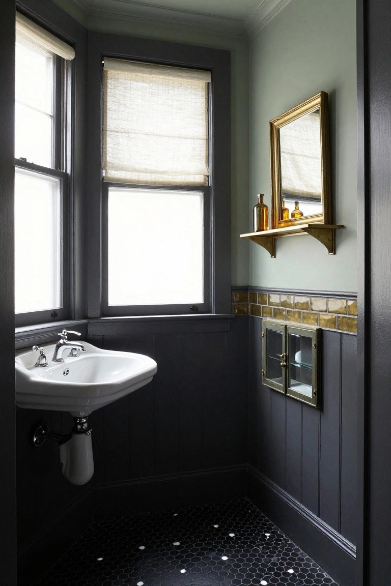 Small corner bathroom with dark navy wainscoting on lower walls, white pedestal sink, gold-framed mirror above sink, brass shelf with glass bottles, glass-door cabinet, black-and-white hexagon floor tiles, and two sash windows with linen shades against pale green upper walls.