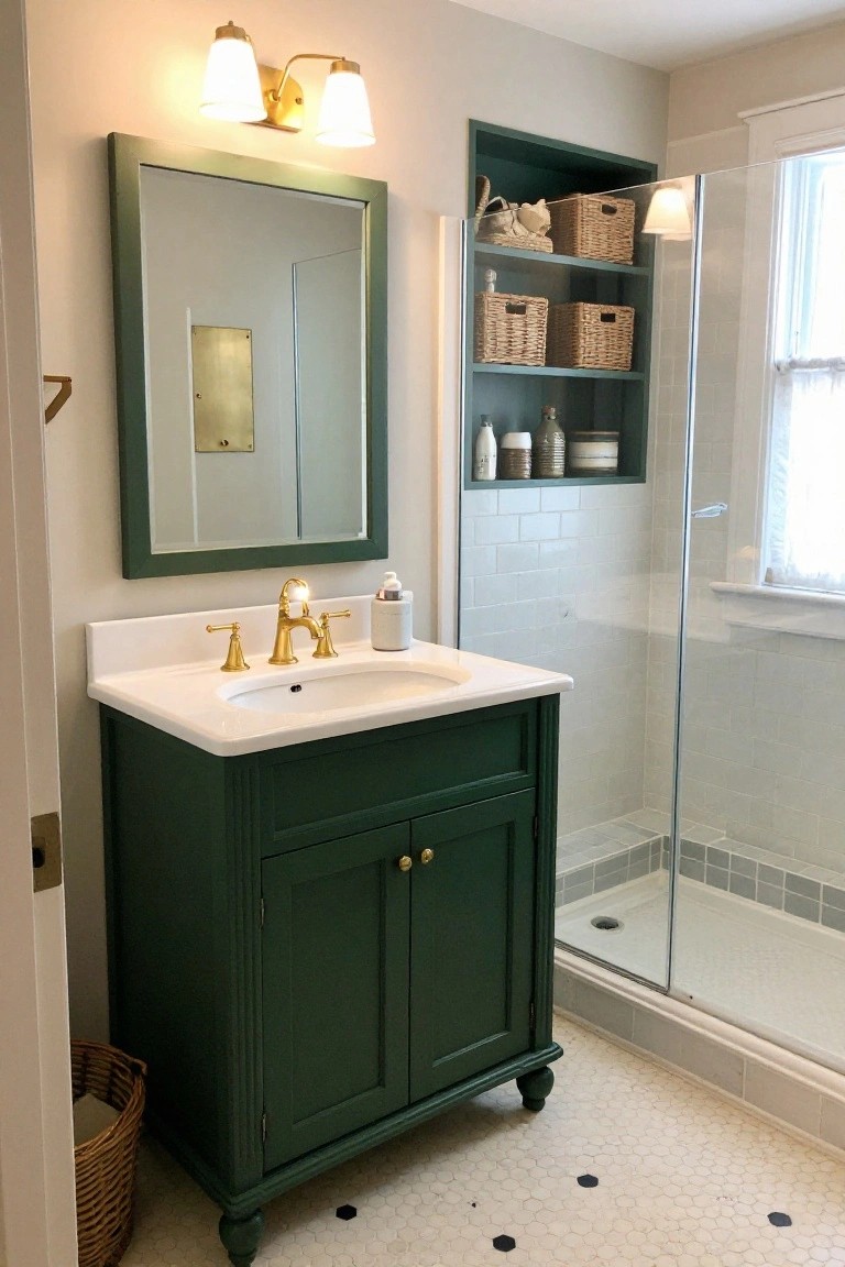 Bathroom with dark green wooden vanity cabinet, white porcelain sink, gold faucet, glass shower enclosure with white subway tiles, black and white hexagonal floor tiles, and wicker storage basket.