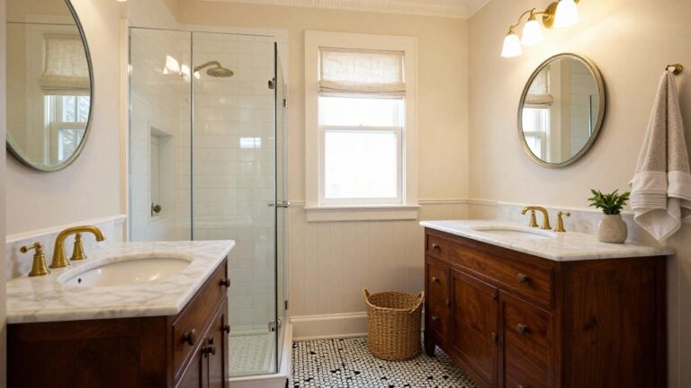A small bathroom with light beige beadboard walls, a corner glass shower with white subway tiles and gold showerhead, a white oval sink on a gray vanity with gold faucet, a linen roman shade on the window, a hanging towel, a woven basket, and black-and-white hexagonal floor tiles.