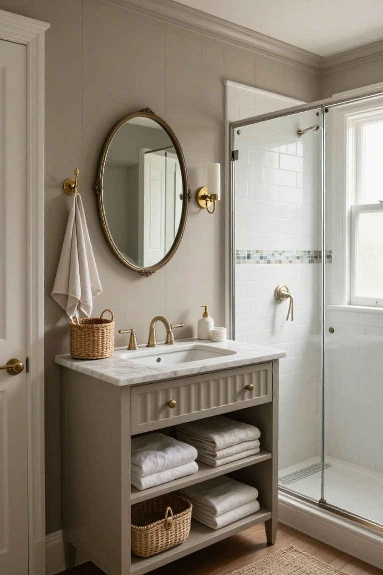Beige bathroom vanity with marble sink, oval mirror, and open towel shelves.