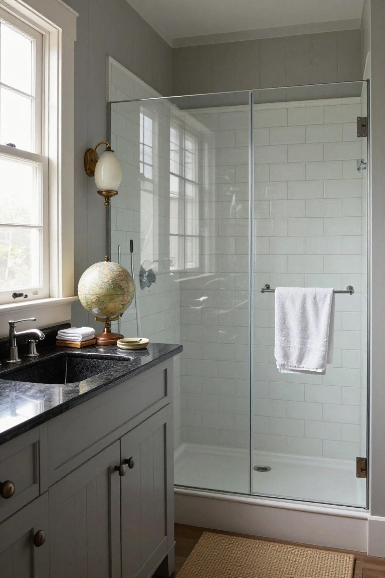 Small bathroom with light gray vertical plank walls, gray shaker-style vanity cabinet with black granite countertop and undermount sink, glass shower enclosure with white subway tile interior, brass wall sconce and globe on vanity counter.