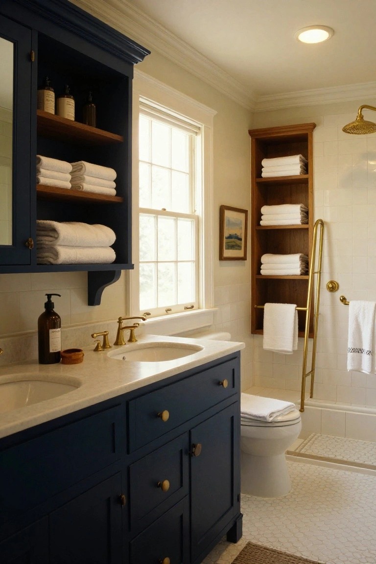 A colonial-style bathroom with navy blue cabinets, double white sinks, brass faucets, wood towel shelves, and a white toilet next to a bathtub.