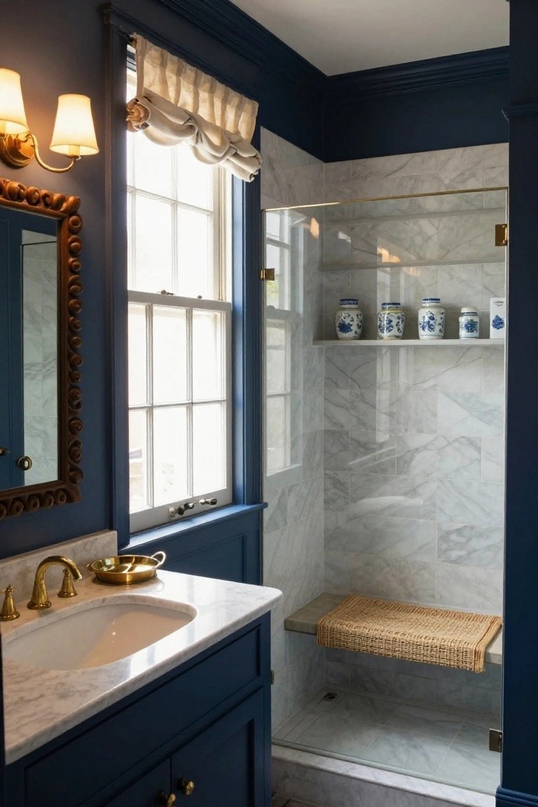 A bathroom interior with navy blue cabinets below a white marble sink countertop and adjacent marble shower enclosure, gold faucet, brass wall sconces, and shelves holding blue and white porcelain jars.