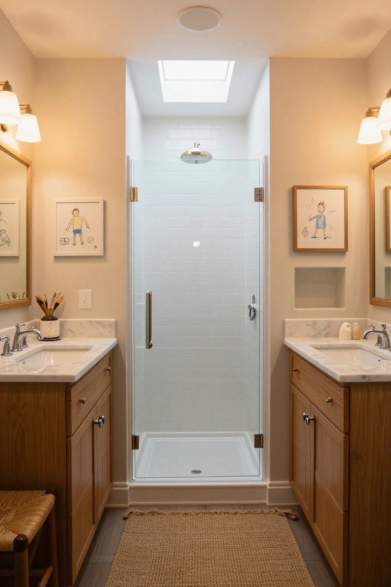 Narrow bathroom with matching oak vanities and marble countertops on either side of a frameless glass shower enclosure, white subway tile walls, skylight overhead, wall sconces, and framed children's artwork.