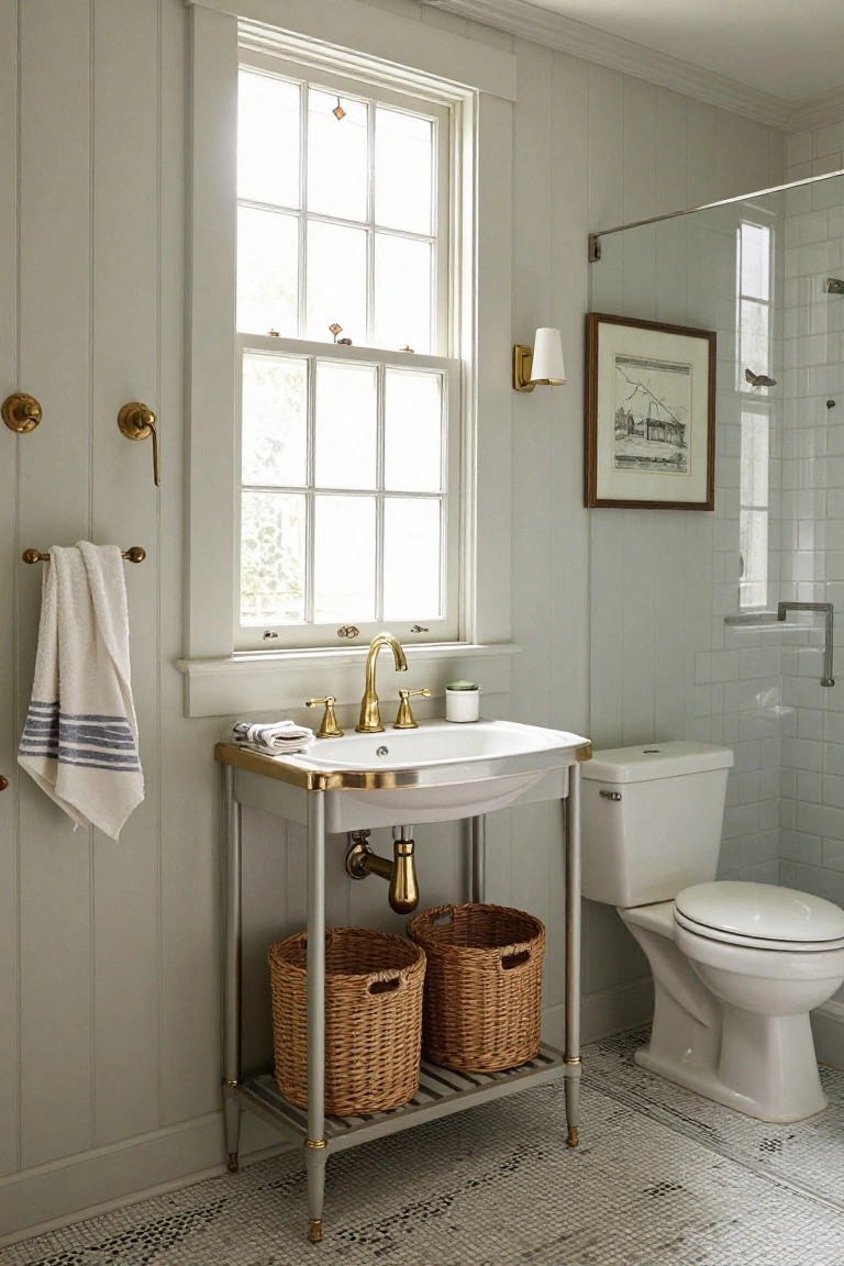 A small bathroom with pale green shiplap walls, a white console sink on a metal stand with gold accents and two wicker baskets underneath, a white toilet, and a glass shower enclosure with white subway tiles.