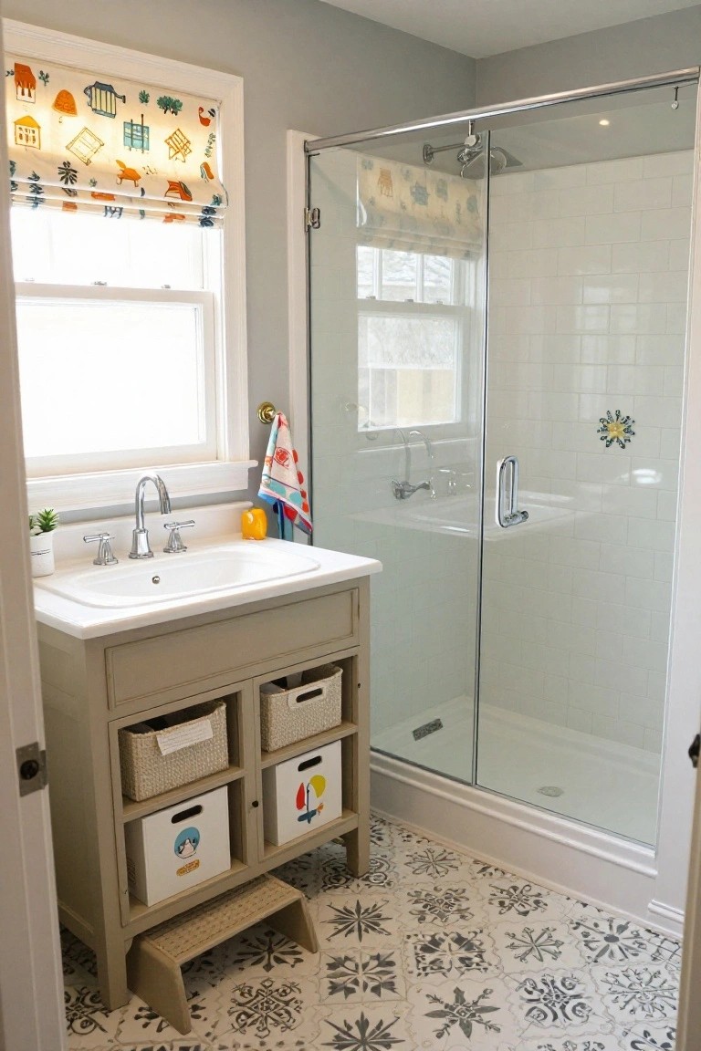 A compact bathroom featuring a greige wood vanity with open cubby shelves containing colorful fabric storage bins, a white pedestal sink, glass shower enclosure with subway tiles, patterned black and white floor tiles, and a window dressed with a multicolored graphic roman shade.
