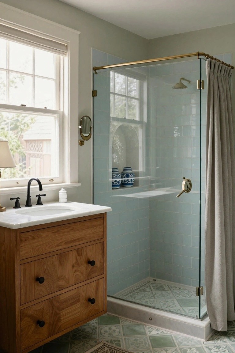 Bathroom with glass shower enclosure framed in brass and lined in light teal subway tiles, wooden vanity with marble sinktop and black faucets, blue and white ceramics on shelves, and window light.
