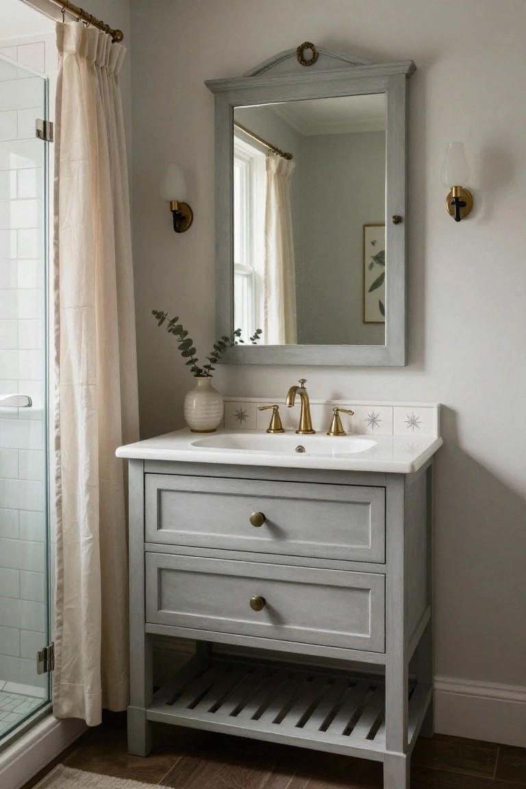 Gray painted wood vanity cabinet with two drawers and open slatted shelf below, white porcelain sink, gold bridge faucet, star-patterned white tiles behind, and arched gray-framed mirror above, beside a glass shower enclosure with white subway tiles in a light gray bathroom.