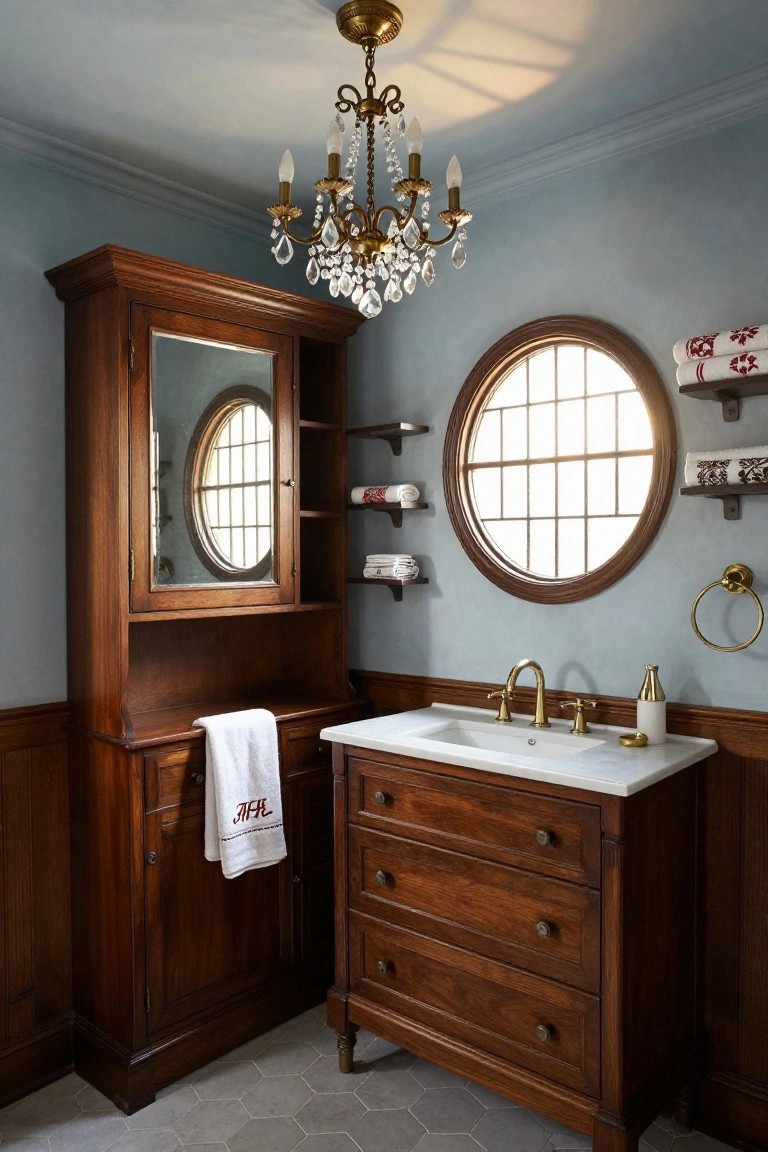 A small bathroom with light blue walls, tall wooden armoire medicine cabinet with mirror and shelves, wooden vanity sink with brass faucet, round porthole window, chandelier, and gray hexagonal floor tiles.