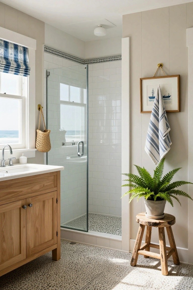 Bright bathroom with corner glass shower enclosed by white subway tiles and pebble floor, wooden vanity with sink, potted fern on wooden stool, blue striped towel on wall, and double window overlooking ocean.