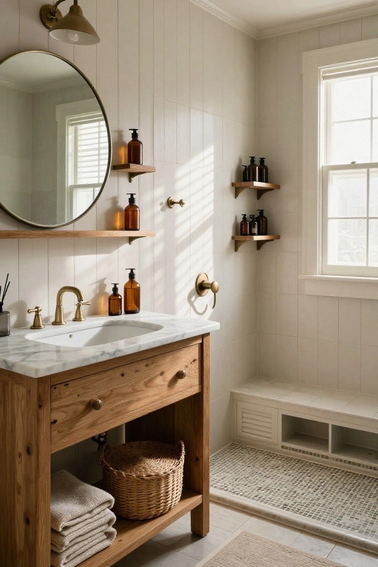 Bathroom with white shiplap walls, round brass mirror, wooden vanity cabinet topped by white marble sink and gold brass faucet, amber glass bottles on wooden shelves, and built-in bench.