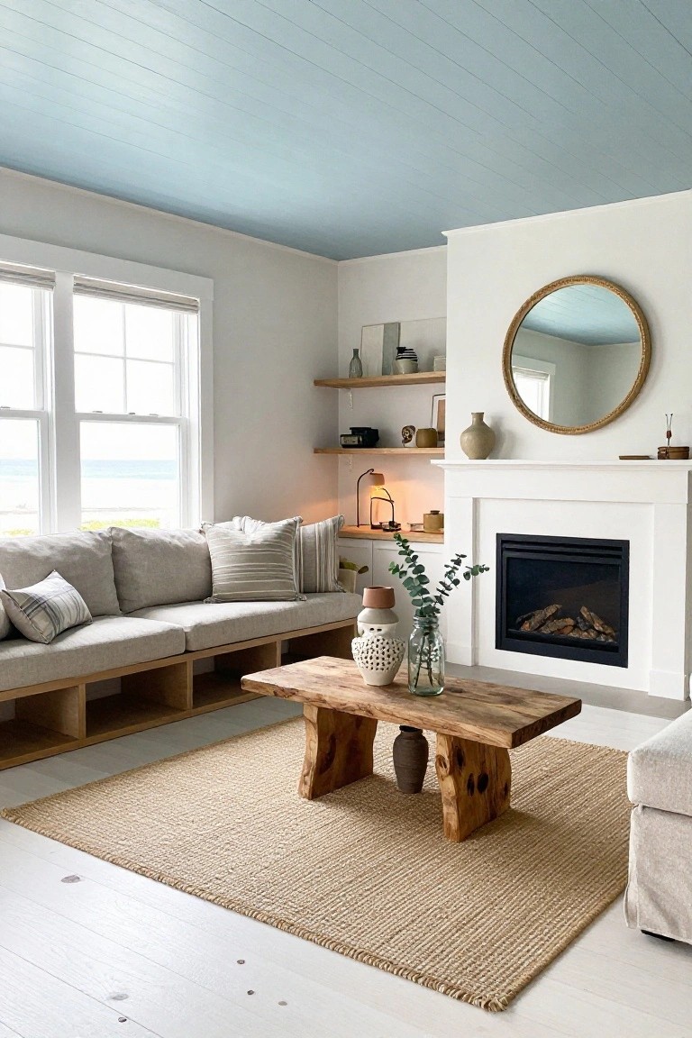 Living room corner with light blue shiplap ceiling, built-in gray bench seating with cushions, white fireplace, round rattan mirror, wooden coffee table, seagrass rug, and ocean view through double windows.