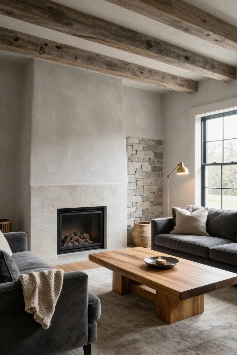 Living room featuring exposed wooden ceiling beams, a fireplace with tiled surround and stone accents, two gray upholstered sofas, a wooden coffee table, and a tall floor lamp near a black-framed window.