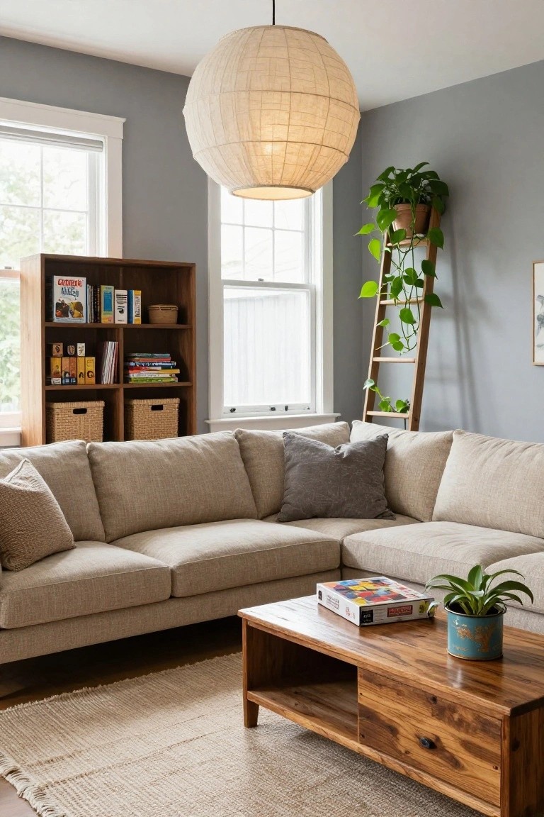 A living room with light gray walls, beige L-shaped sofa with gray and beige pillows, wooden bookshelf stocked with books and rattan baskets, tall wooden ladder shelf holding potted trailing plants, wooden coffee table with puzzle box and blue potted plant, jute rug, and large hanging paper lantern light.