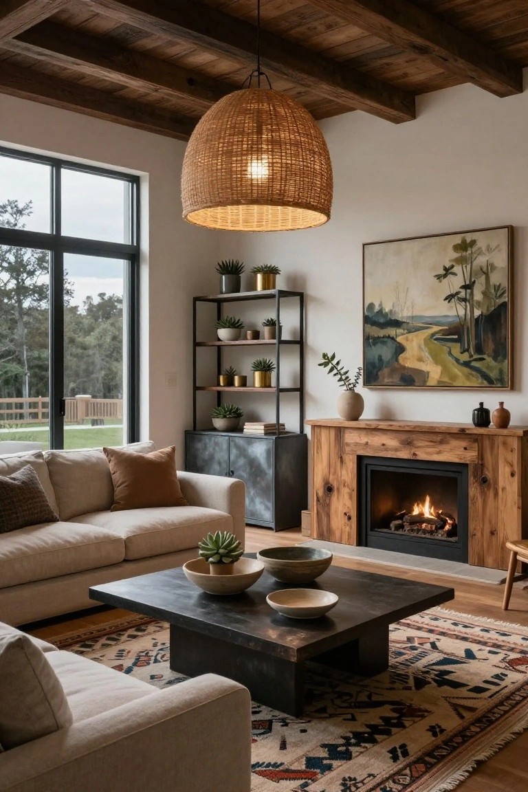 A living room with exposed wooden ceiling beams, large woven rattan pendant light, black metal shelving unit holding plants and ceramics, rustic wooden fireplace mantel with lit gas fire, beige sofa, low black coffee table with ceramic bowls, and patterned rug in front of large windows showing trees and yard outside.