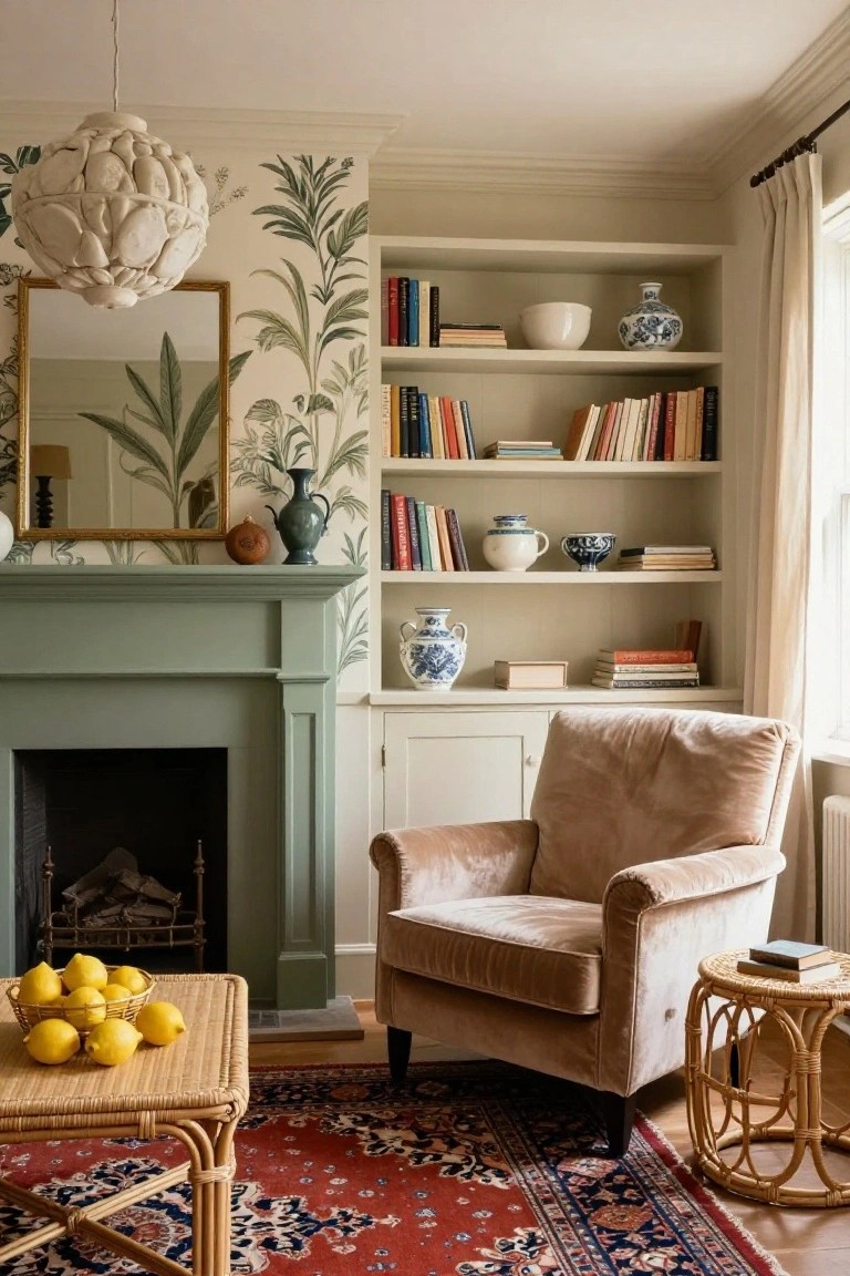 Cozy living room with green fireplace, bookshelves, velvet chair, and patterned rug.