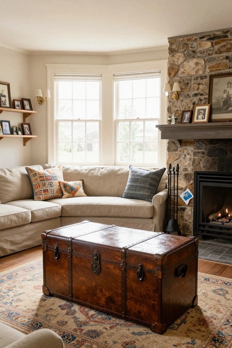 Living room corner with beige curved sofa, large wooden trunk as coffee table, stone fireplace, family photos on wooden shelves, and windows with shades.