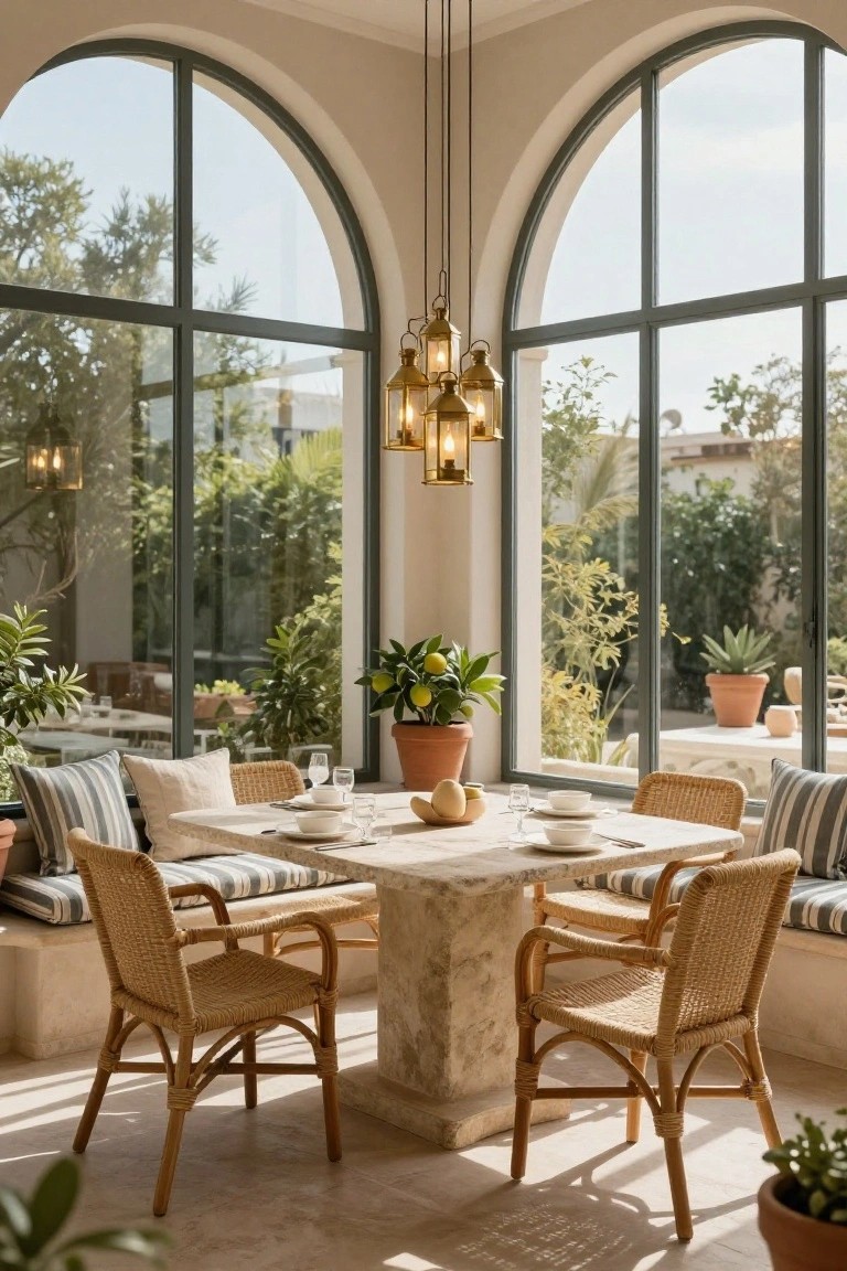 Indoor Mediterranean dining area featuring a square stone table with white plates and glassware, rattan chairs and cushioned bench seating, potted plants, large arched green-framed windows overlooking greenery, and a cluster of hanging brass lantern pendant lights from the ceiling.