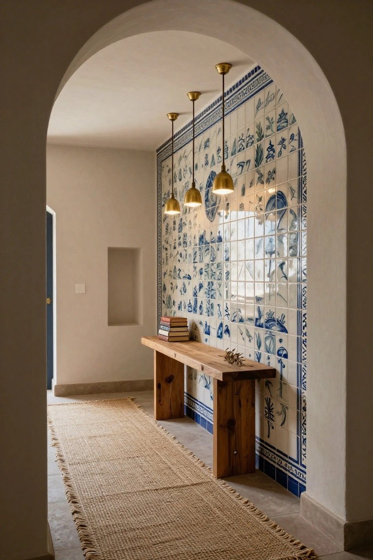 Beige interior hallway with arched opening, blue and white patterned tile wall, wooden console table with stacked books and small decor, seagrass runner rug, and four brass pendant lights hanging from the ceiling.