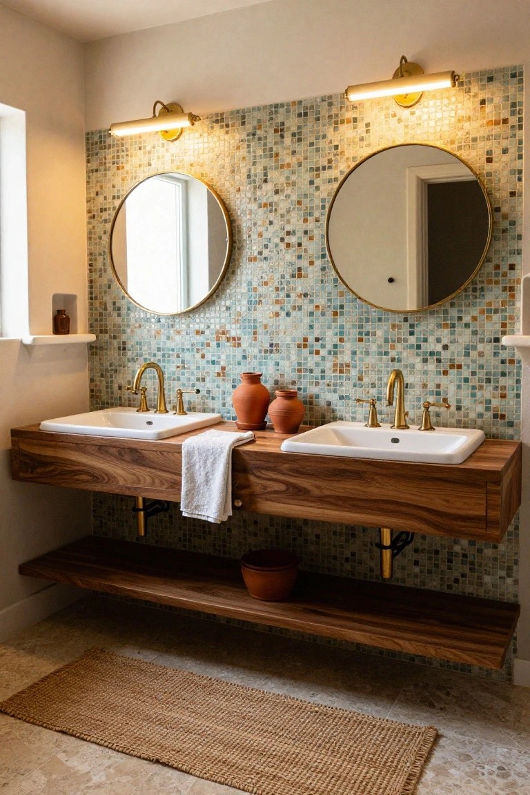 Bathroom double vanity with walnut wood countertop and cabinets, white sinks, gold faucets, round gold-framed mirrors, colorful mosaic tile backsplash in teal and orange tones, brass wall sconces, and potted ceramics on shelves.
