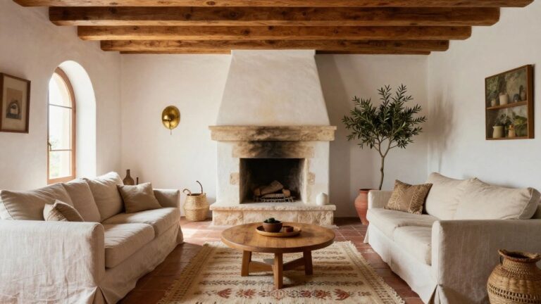 22 Inspiring Mediterranean Interior Design Lighting Looks That Glow Brightly Whitewashed interior room with lit stone fireplace, wooden ceiling beams, cream sofa, potted olive tree, terracotta tile floor, and round wooden coffee table.