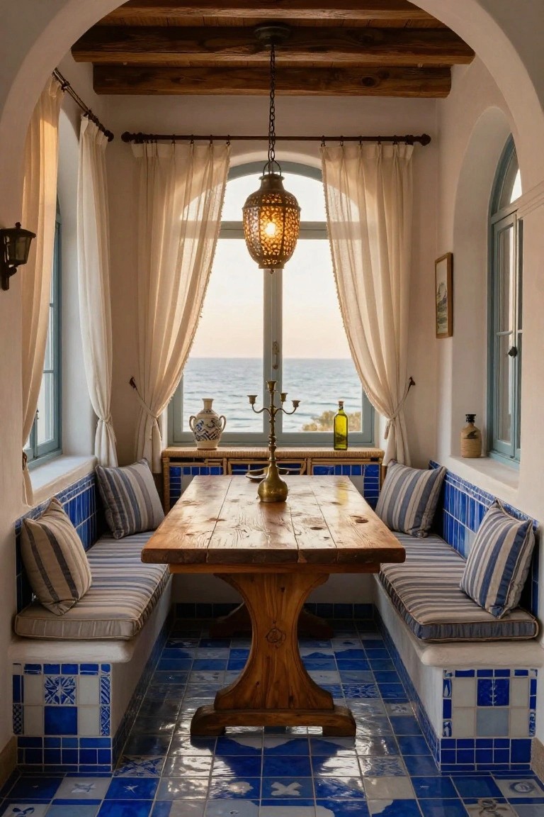 Dining nook with blue tiled built-in banquettes around a wooden table, brass Moroccan lantern hanging overhead, arched windows with sheer curtains overlooking the sea, blue patterned tile floor.