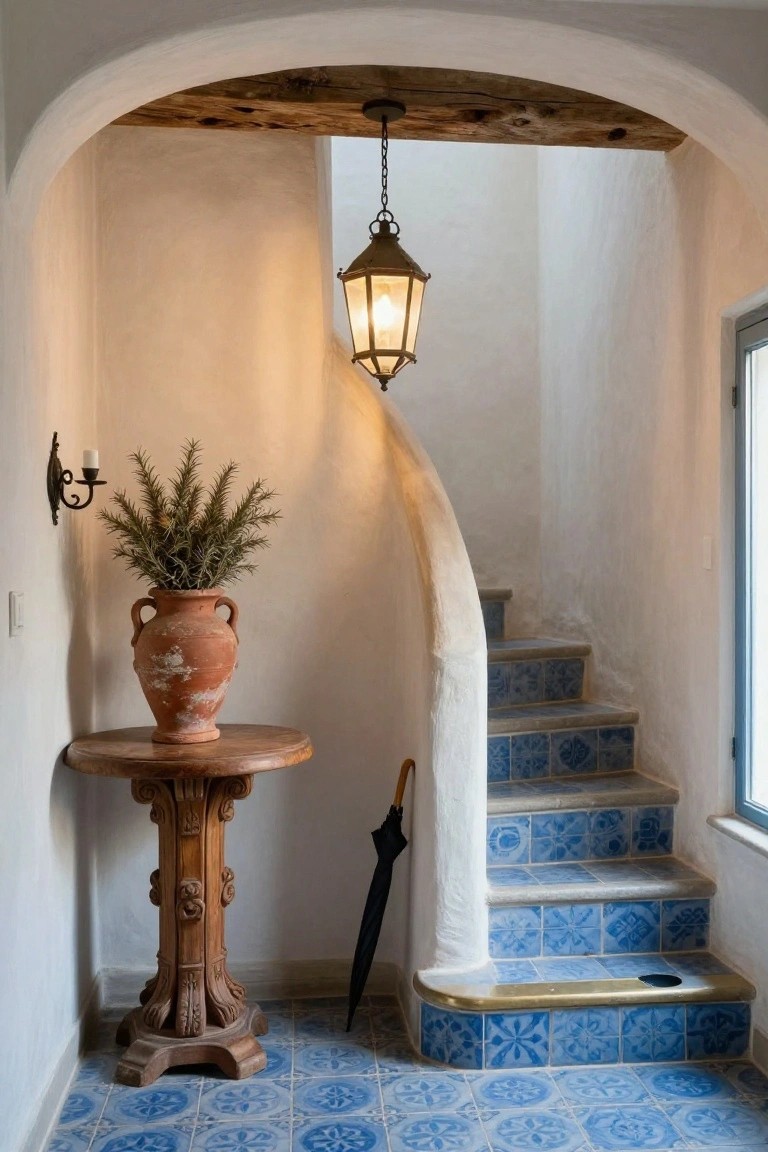Curved white stucco archway with wooden beam ceiling leading to blue tiled stairs, lit by a hanging lantern, next to a carved wooden table holding a terracotta pot with rosemary and a black umbrella.